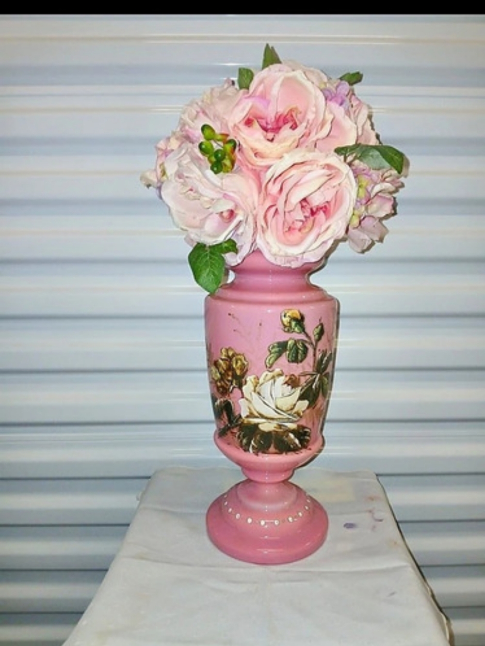 Pink Floral Ceramic Vase with Pedestal Base